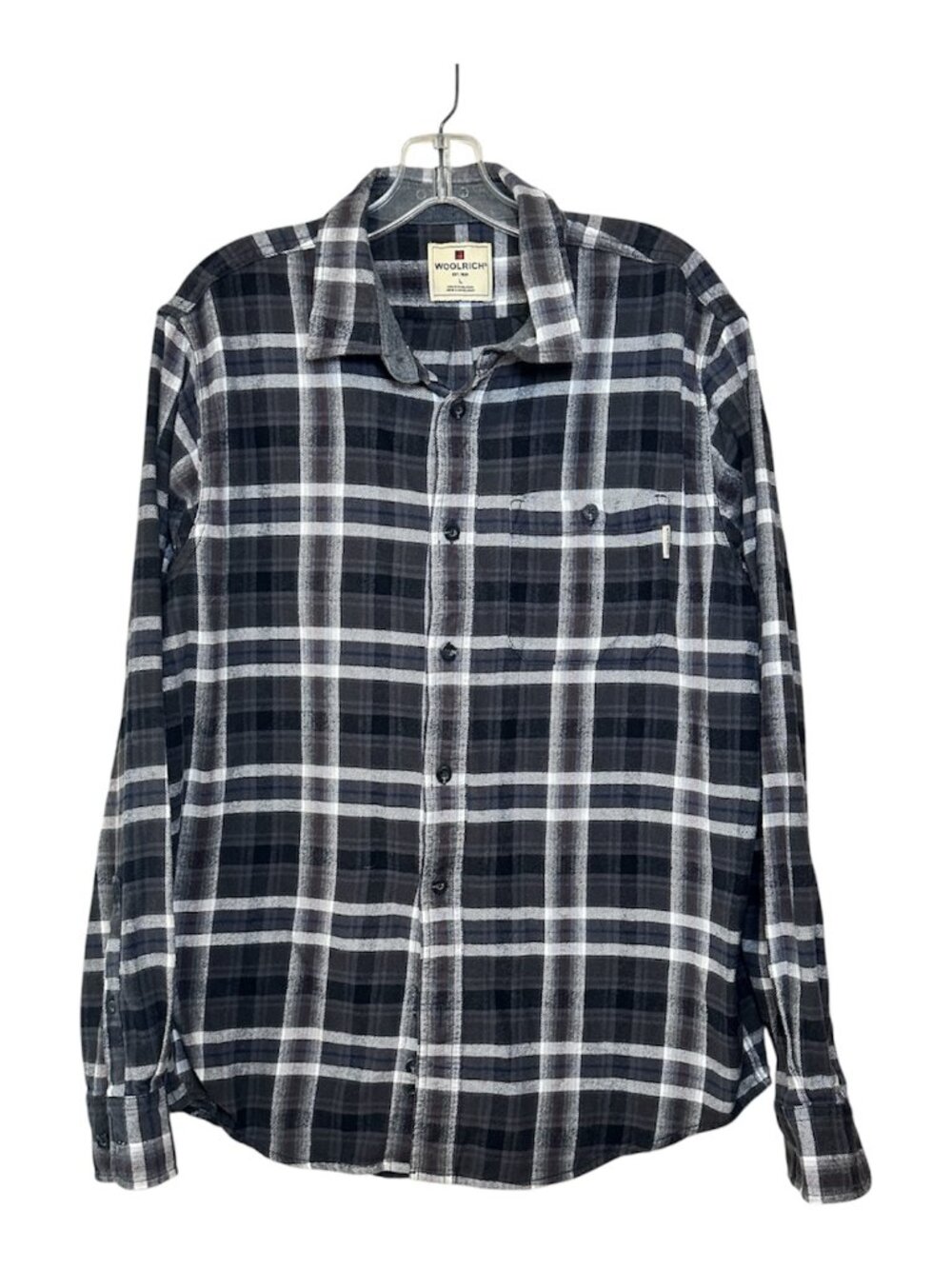 Woolrich Flannel Button Down Mens Shirt Navy Gray White Size L Heavy